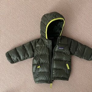 Patagonia Olive Green Hooded Jacket with Lime Accents